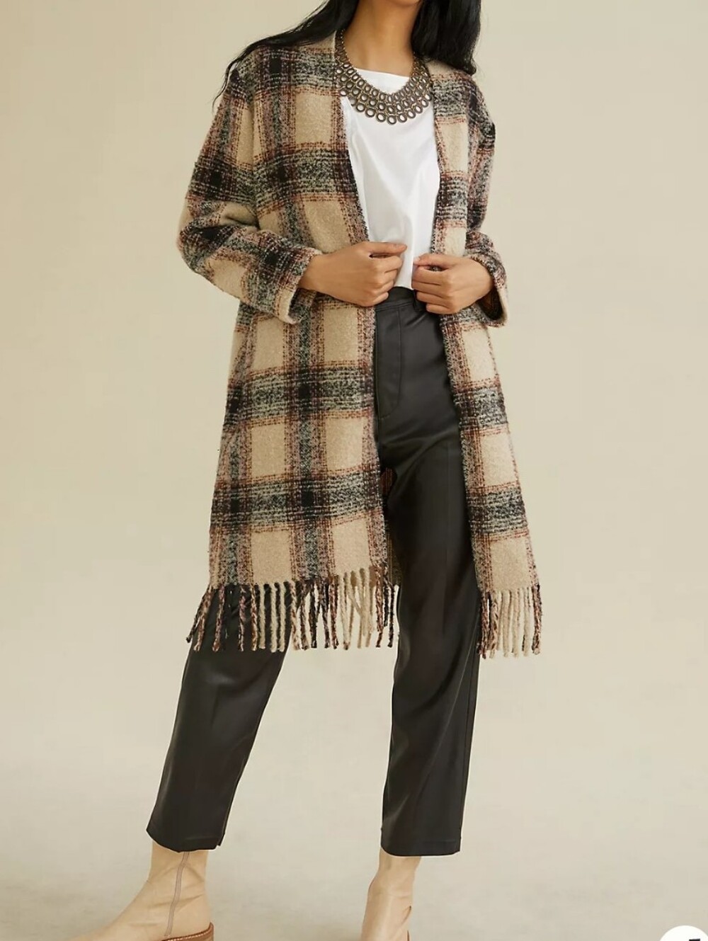 BB Dakota Plaid Fringe Open-Front Coatigan in Beige and Black Size Large
